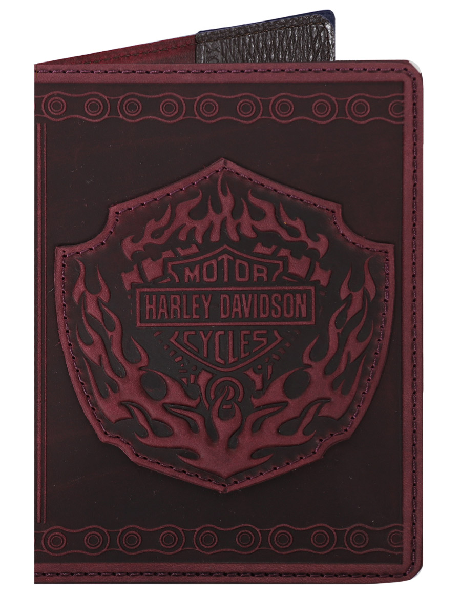 Обложка на паспорт Harley Davidson малиновая - фото 1 - rockbunker.ru