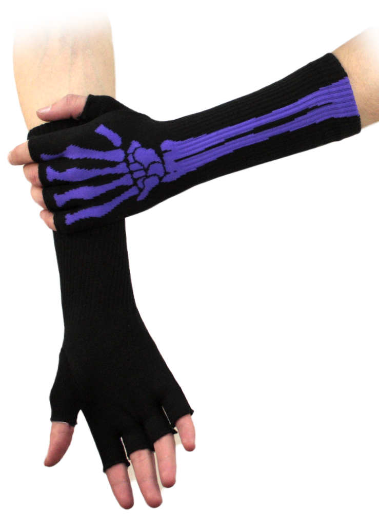 Перчатки без пальцев Скелет руки длинные фиолетовые - фото 2 - rockbunker.ru