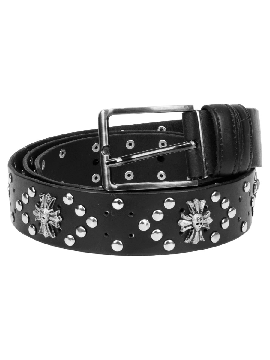 Ремень кожаный проклепанный Лилиевидный Крест Заклепки - фото 1 - rockbunker.ru