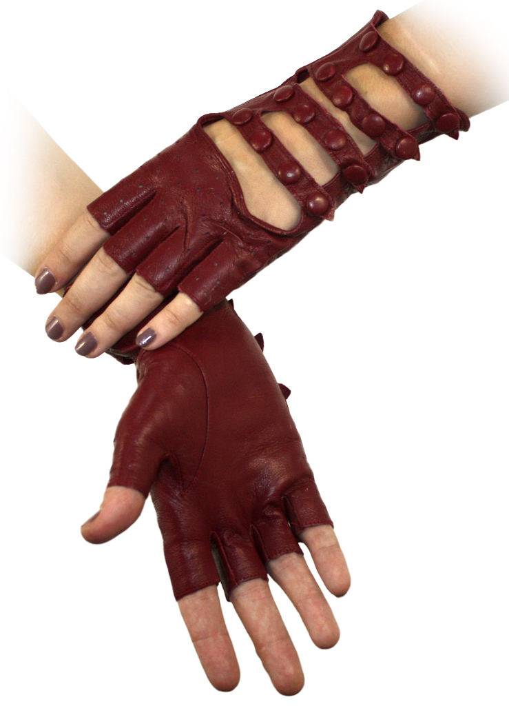 Перчатки кожаные без пальцев женские на ремешках с кнопками бордовые - фото 2 - rockbunker.ru