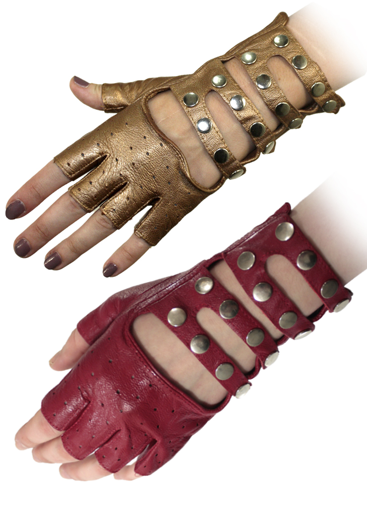 Перчатки кожаные без пальцев женские на ремешках с кнопками - фото 1 - rockbunker.ru