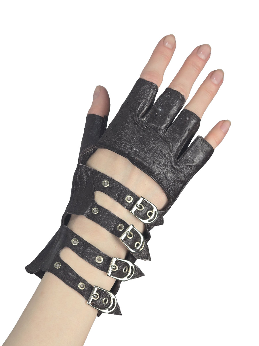 Перчатки кожаные без пальцев женские на ремешках черные - фото 3 - rockbunker.ru