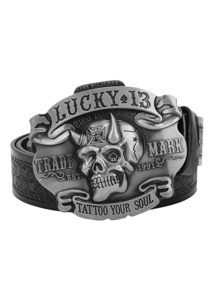 Ремень из экокожи с пряжкой Lucky-13 черный - фото 1 - rockbunker.ru