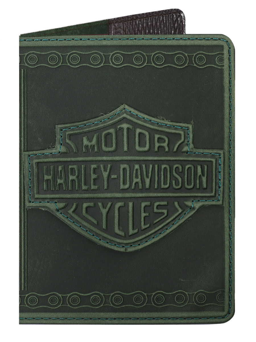 Обложка на паспорт Harley Davidson зеленая - фото 1 - rockbunker.ru