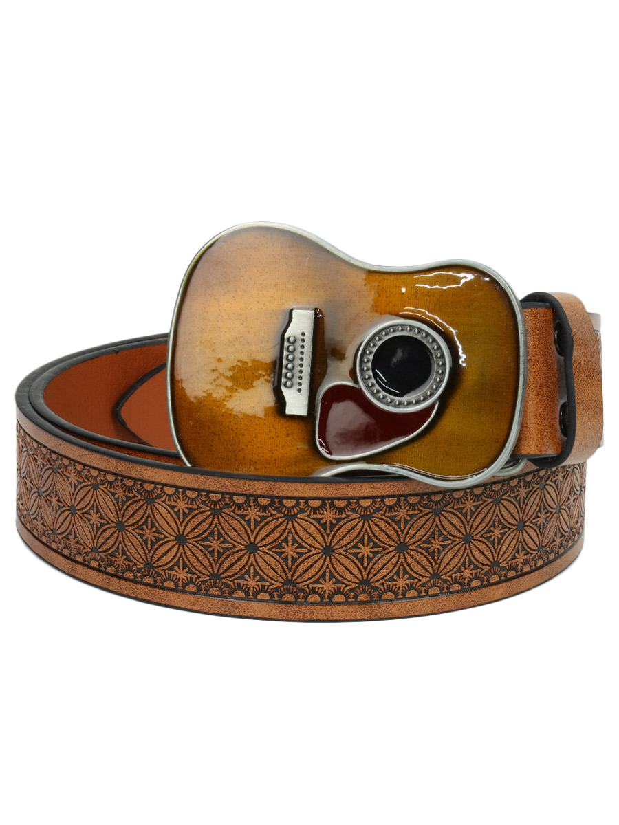 Ремень из экокожи с пряжкой Гитара коричневый - фото 1 - rockbunker.ru