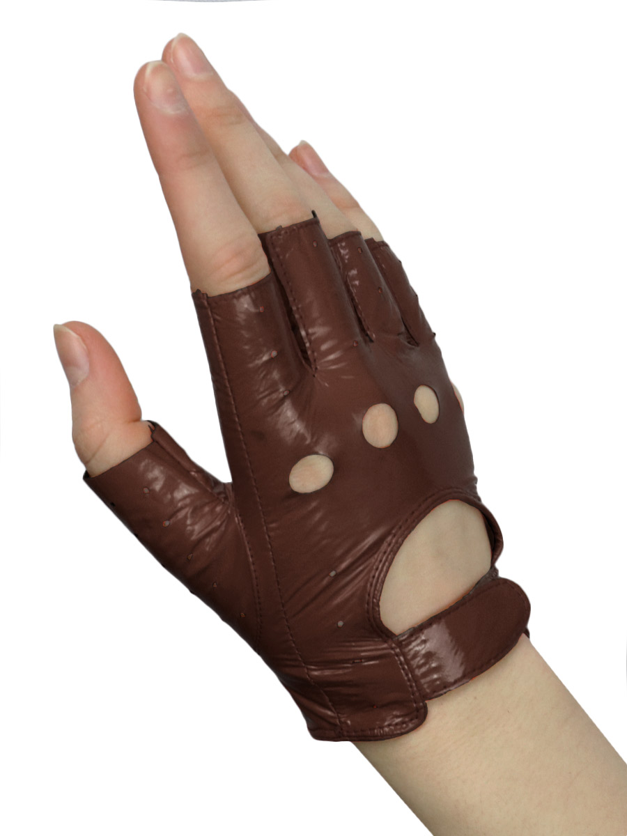 Перчатки кожаные без пальцев Лак коричневые на липучке - фото 1 - rockbunker.ru
