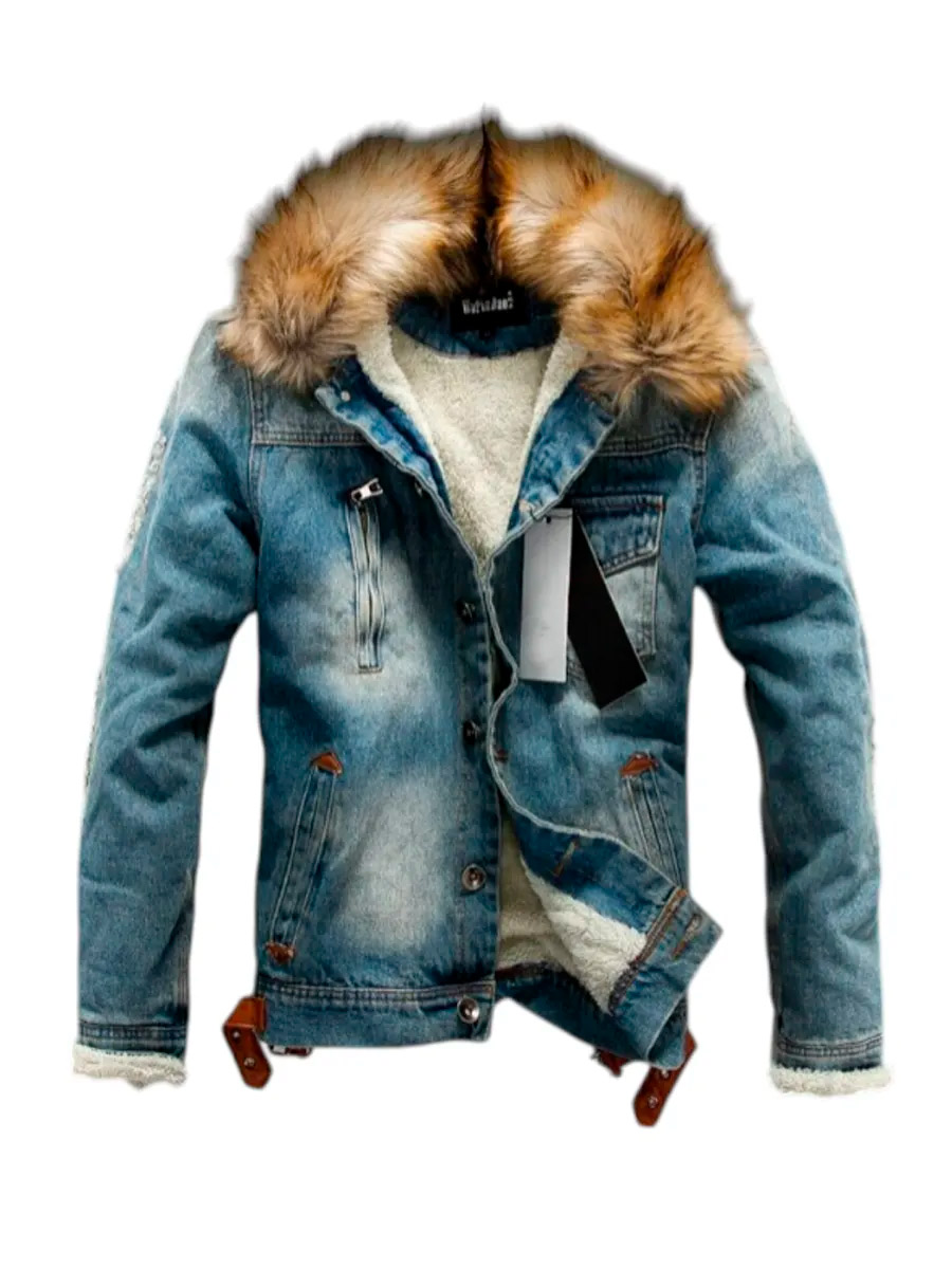 Куртка Джинсовая с Воротником Утепленная Синяя - фото 1 - rockbunker.ru