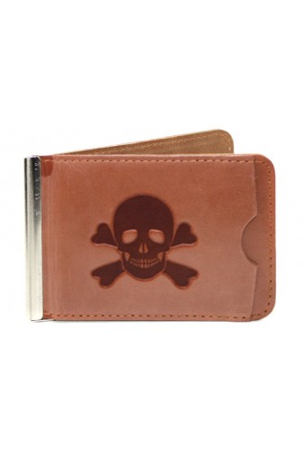 Кожаный зажим для денег Роджер с кармашком коричневый - фото 1 - rockbunker.ru