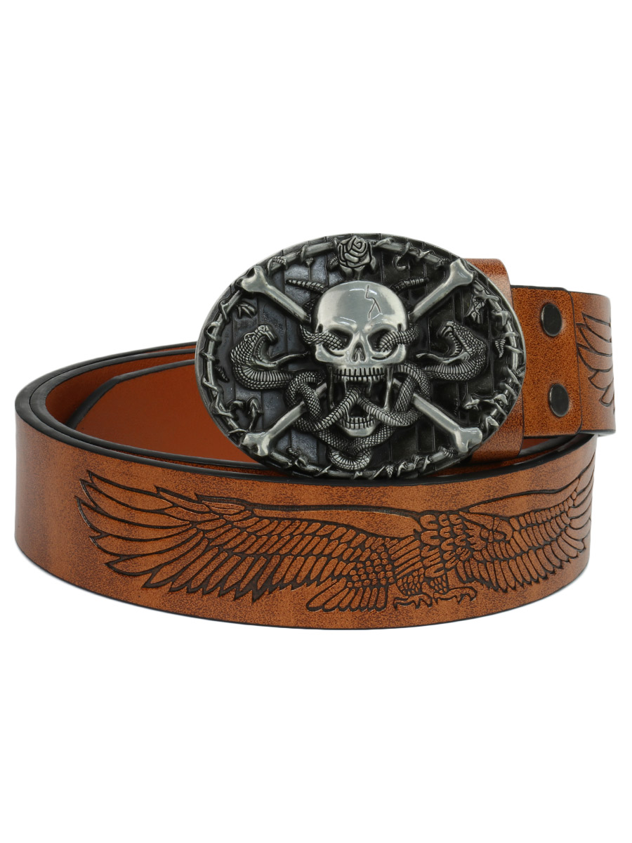 Ремень из экокожи с пряжкой Череп со змеями коричневый - фото 1 - rockbunker.ru