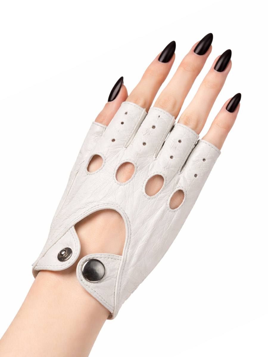 Перчатки кожаные женские белые на кнопке без пальцев - фото 1 - rockbunker.ru