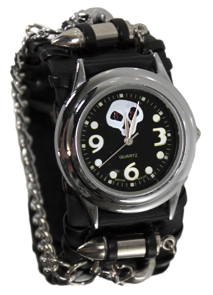 Часы наручные Череп с цепочкой с черным циферблатом - фото 1 - rockbunker.ru