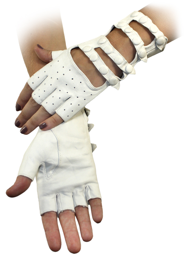 Перчатки кожаные без пальцев женские на ремешках с кнопками белые - фото 2 - rockbunker.ru