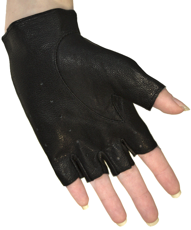 Перчатки кожаные женские без пальцев на кнопке с перфорацией - фото 2 - rockbunker.ru