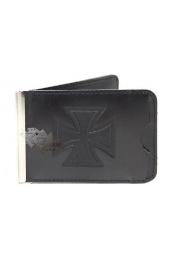 Кожаный зажим для денег Мальтийский крест с кармашком чёрный - фото 1 - rockbunker.ru