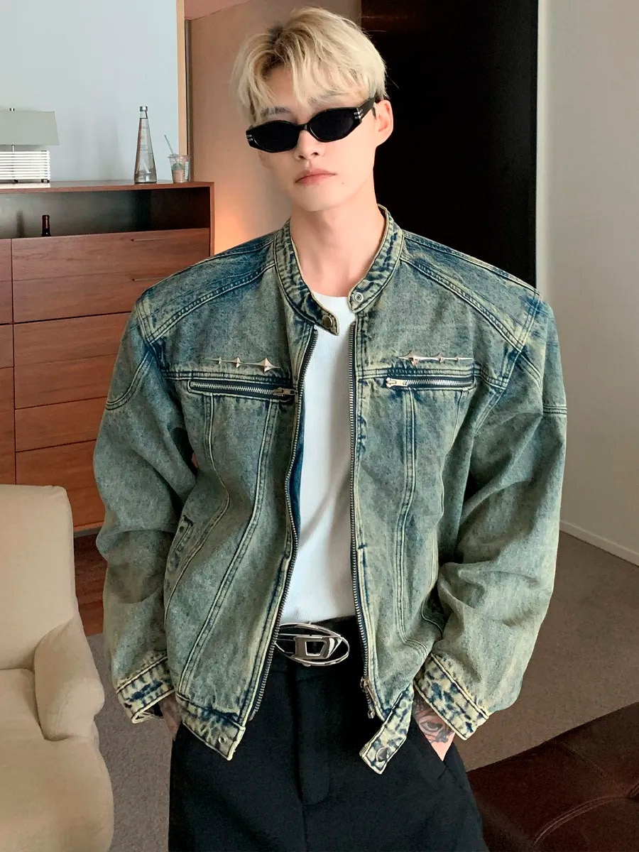 Куртка Джинсовая на Молнии с Фурнитурой Синяя - фото 2 - rockbunker.ru