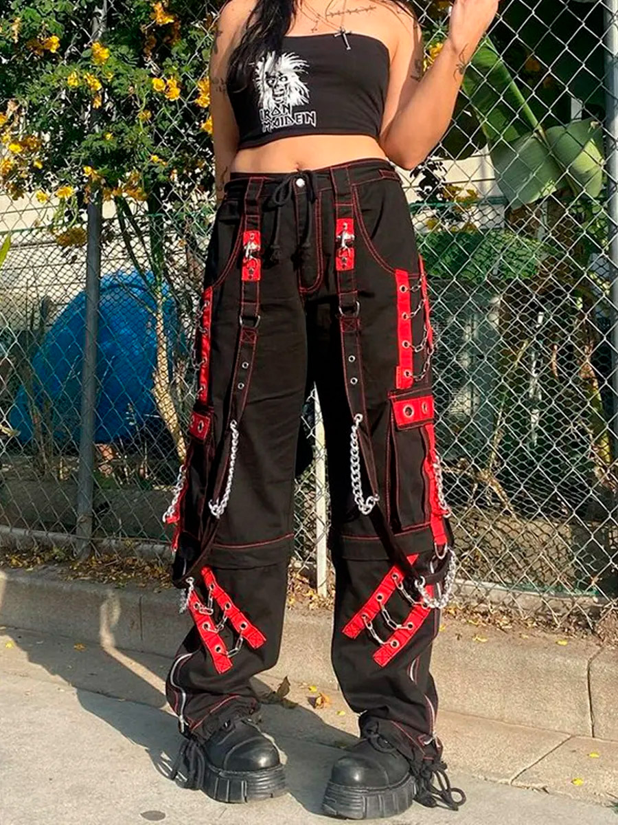 Штаны Летние с Цепями и Красной Строчкой - фото 1 - rockbunker.ru
