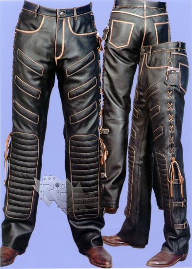 Штаны кожаные мужские с вставками гофрированной кожи - фото 1 - rockbunker.ru