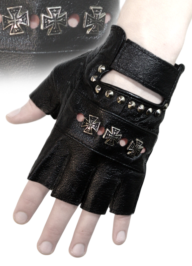 Перчатки кожаные без пальцев Кресты и шипы - фото 1 - rockbunker.ru