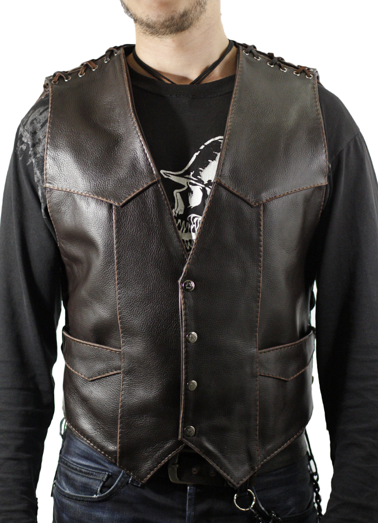 Жилет кожаный мужской RockBunker 061 с двумя карманами - фото 1 - rockbunker.ru