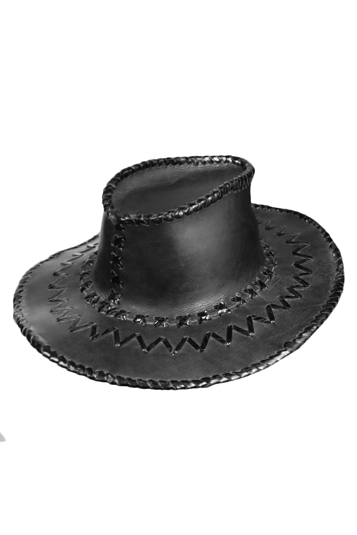 Шляпа кожаная черная с лаковой черной строчкой - фото 2 - rockbunker.ru