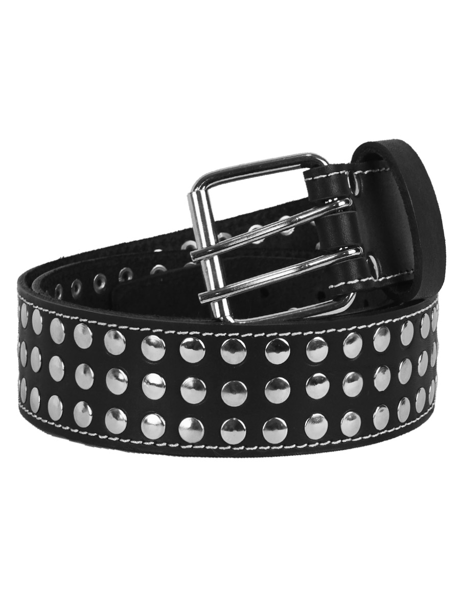 Ремень кожаный Rebel State с белой строчкой Три ряда заклепок - фото 1 - rockbunker.ru