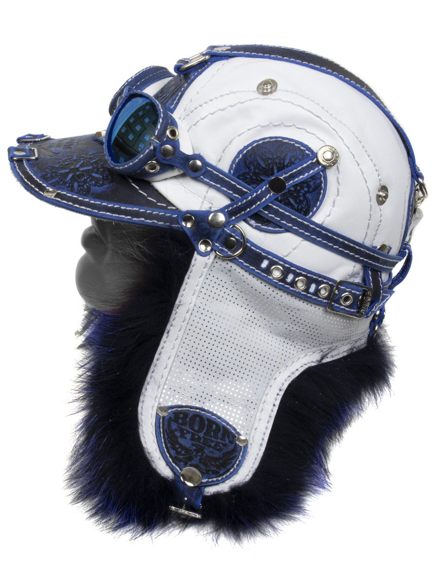 Бейсболка-ушанка меховая сине-белая с лапшой - фото 2 - rockbunker.ru