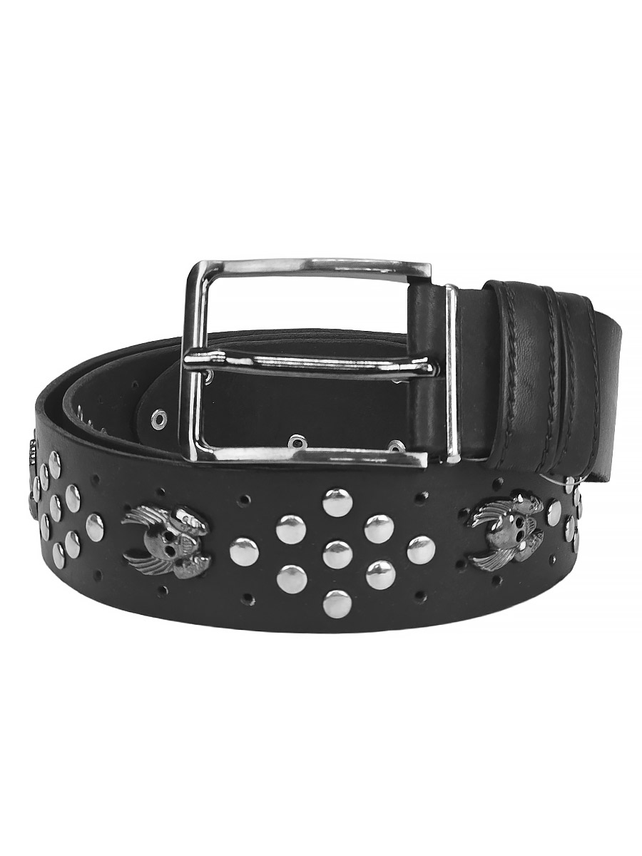 Ремень кожаный черный Череп с крыльями - фото 1 - rockbunker.ru