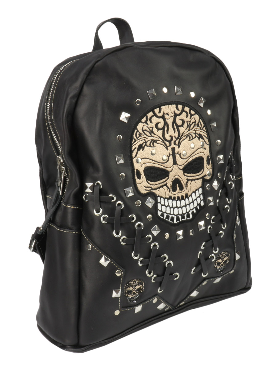 Рюкзак проклепанный с вышивкой череп - фото 1 - rockbunker.ru