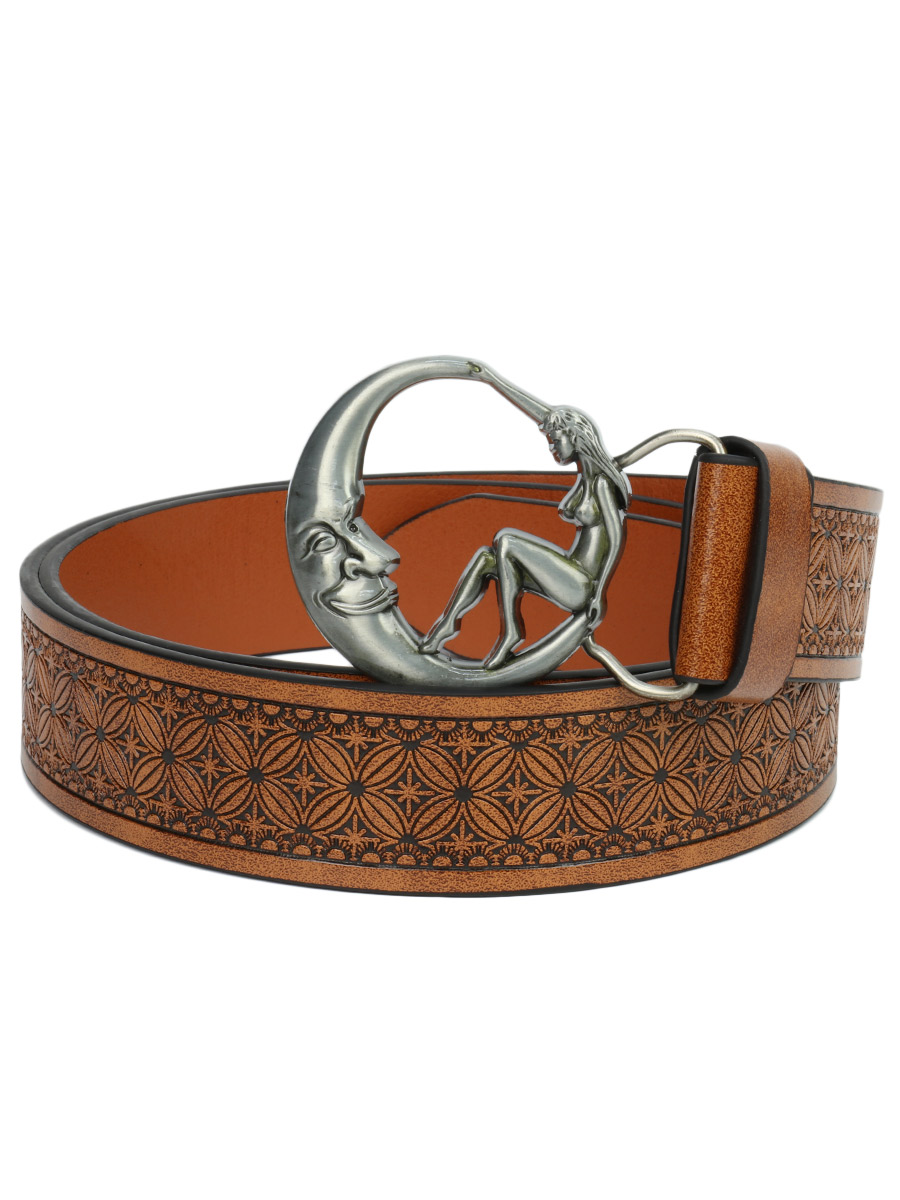 Ремень из экокожи с пряжкой Девушка и Месяц  коричневый - фото 1 - rockbunker.ru