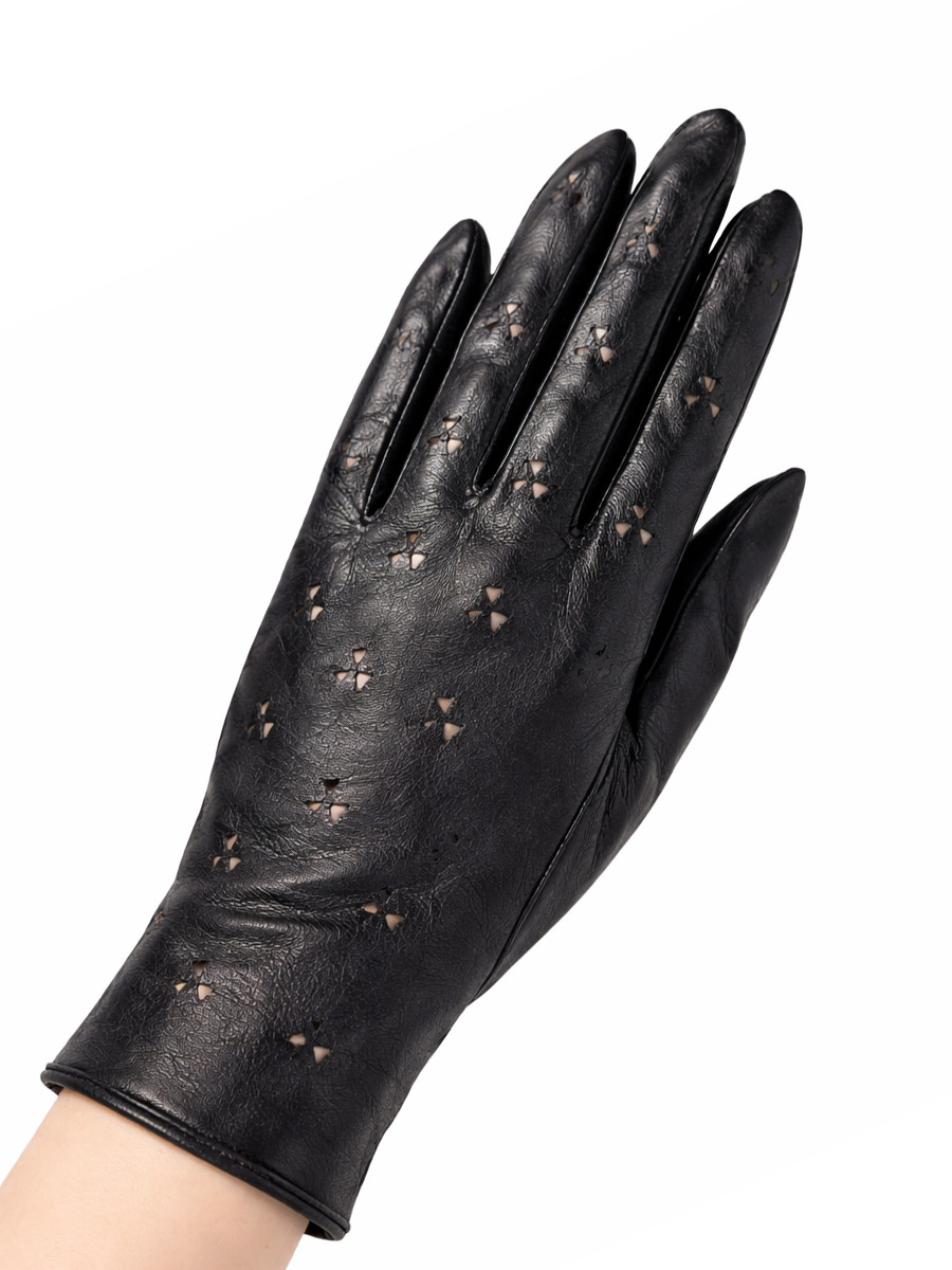 Перчатки кожаные женские черные с узором - фото 1 - rockbunker.ru