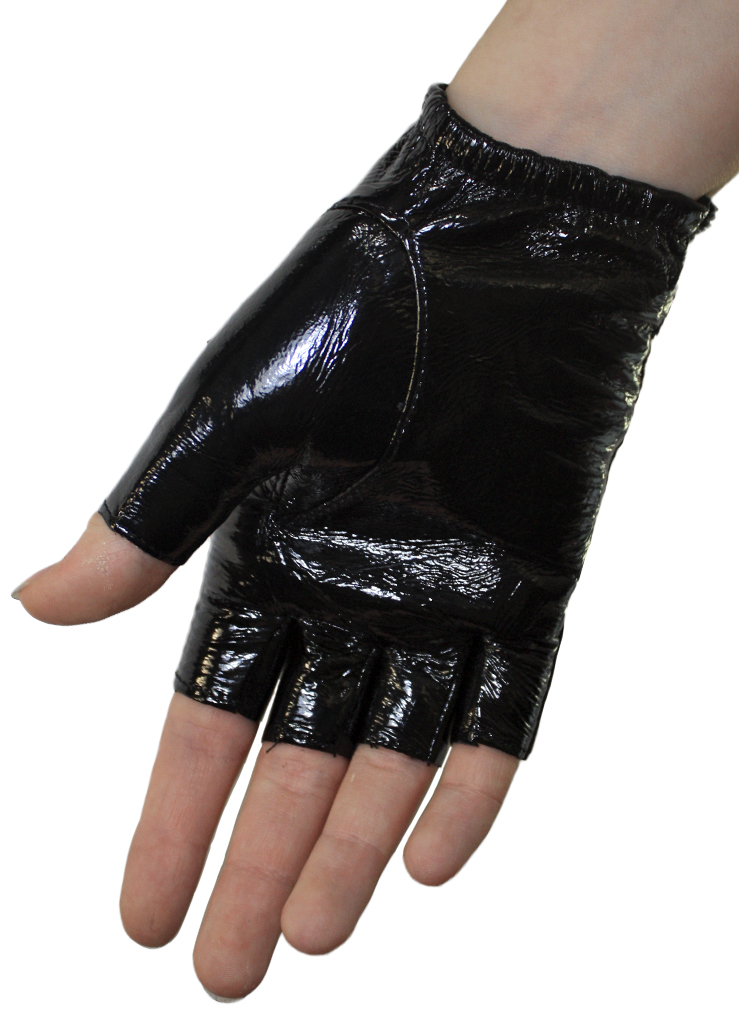 Перчатки кожаные без пальцев женские лакированные на ремешке с кнопкой - фото 3 - rockbunker.ru