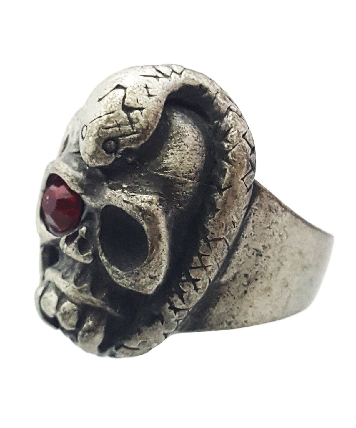 Кольцо Череп со змеей и каменным глазом - фото 1 - rockbunker.ru