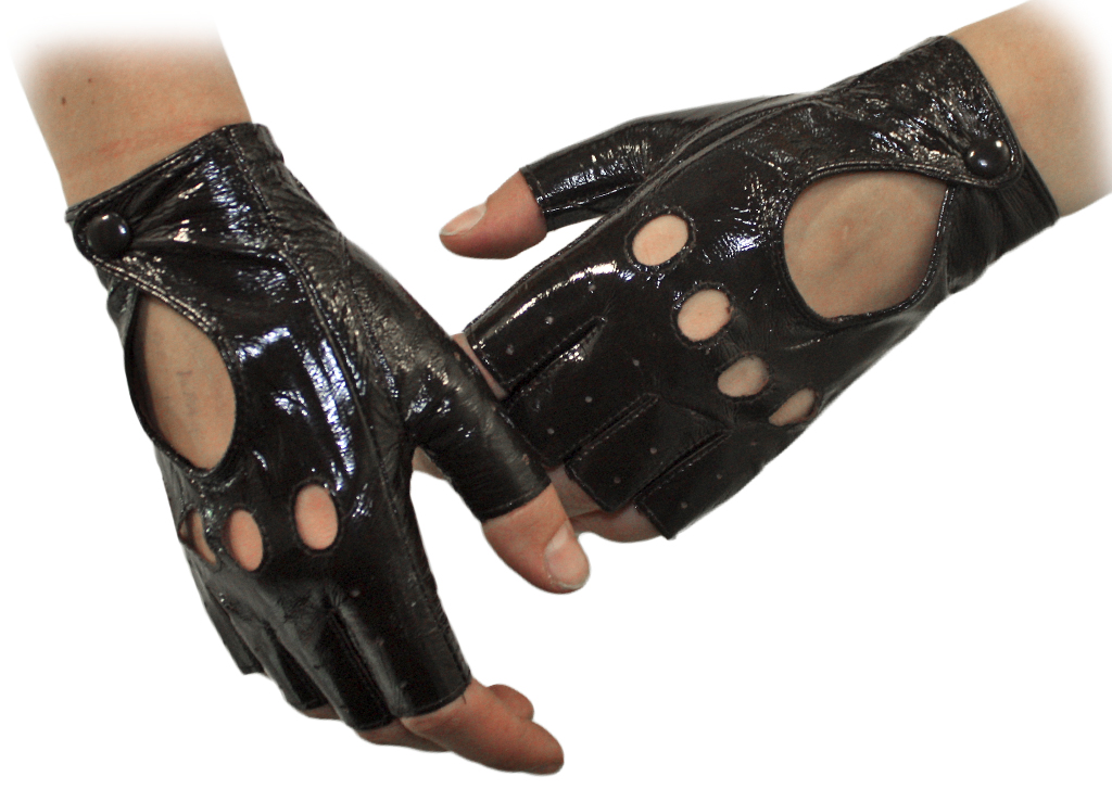 Перчатки кожаные без пальцев женские лакированные на кнопке - фото 4 - rockbunker.ru