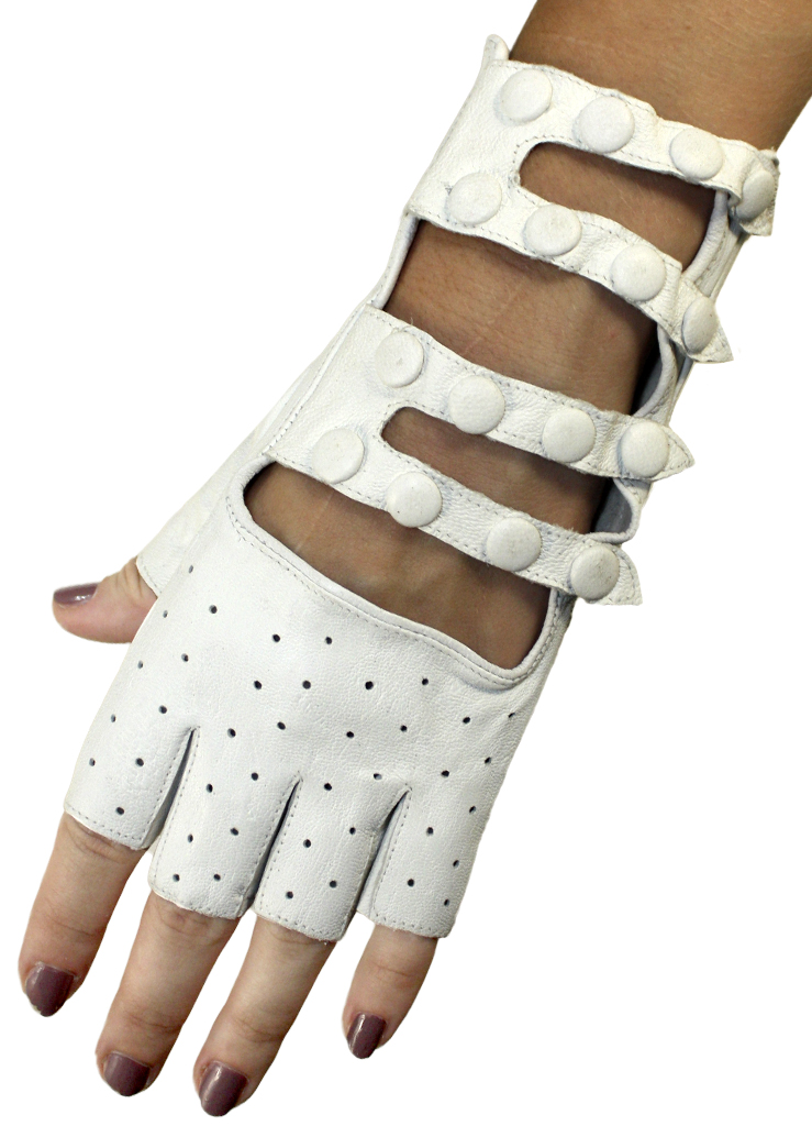Перчатки кожаные без пальцев женские на ремешках с кнопками белые - фото 1 - rockbunker.ru
