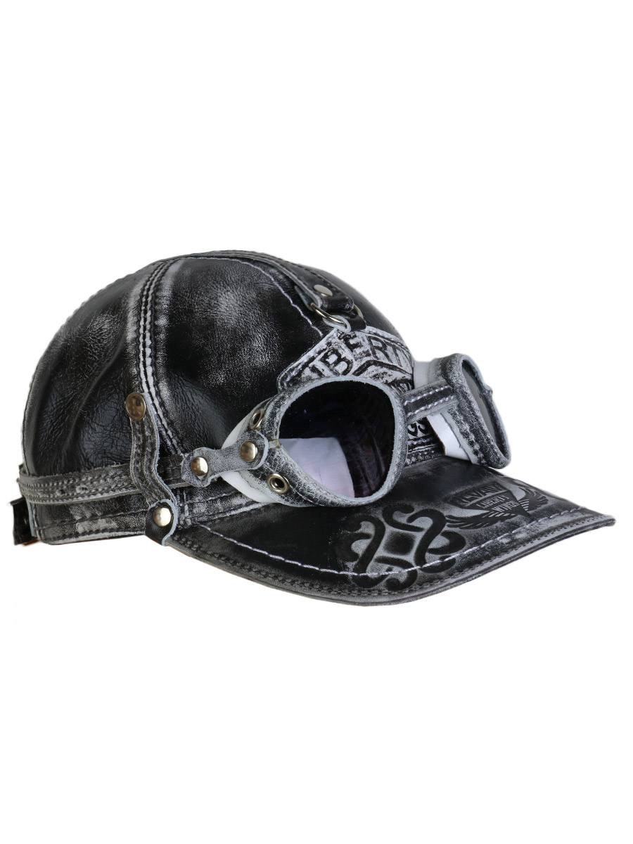 Бейсболка кожаная серая с очками - фото 1 - rockbunker.ru