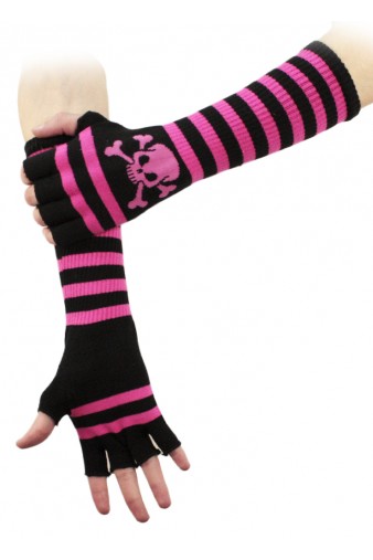 Перчатки без пальцев Скелет руки длинные розовые - фото 2 - rockbunker.ru