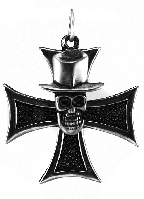 Кулон Мальтийский крест с черепом в шляпе - фото 1 - rockbunker.ru