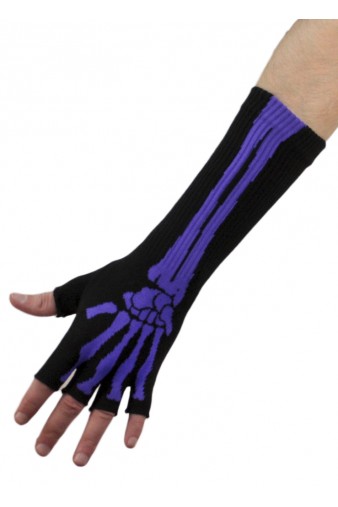 Перчатки без пальцев Скелет руки длинные фиолетовые - фото 1 - rockbunker.ru