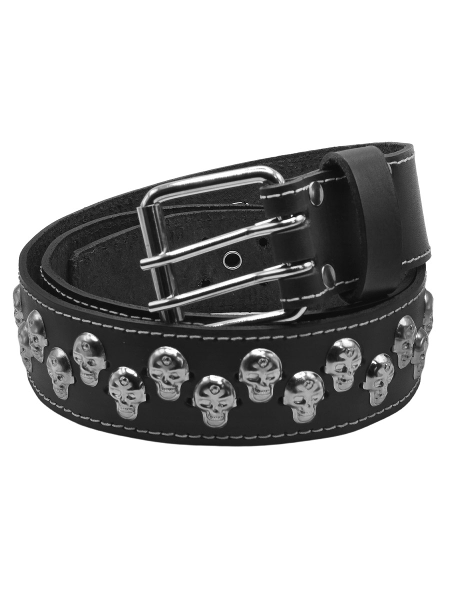 Ремень кожаный Rebel State 2 ряда черепов   - фото 1 - rockbunker.ru