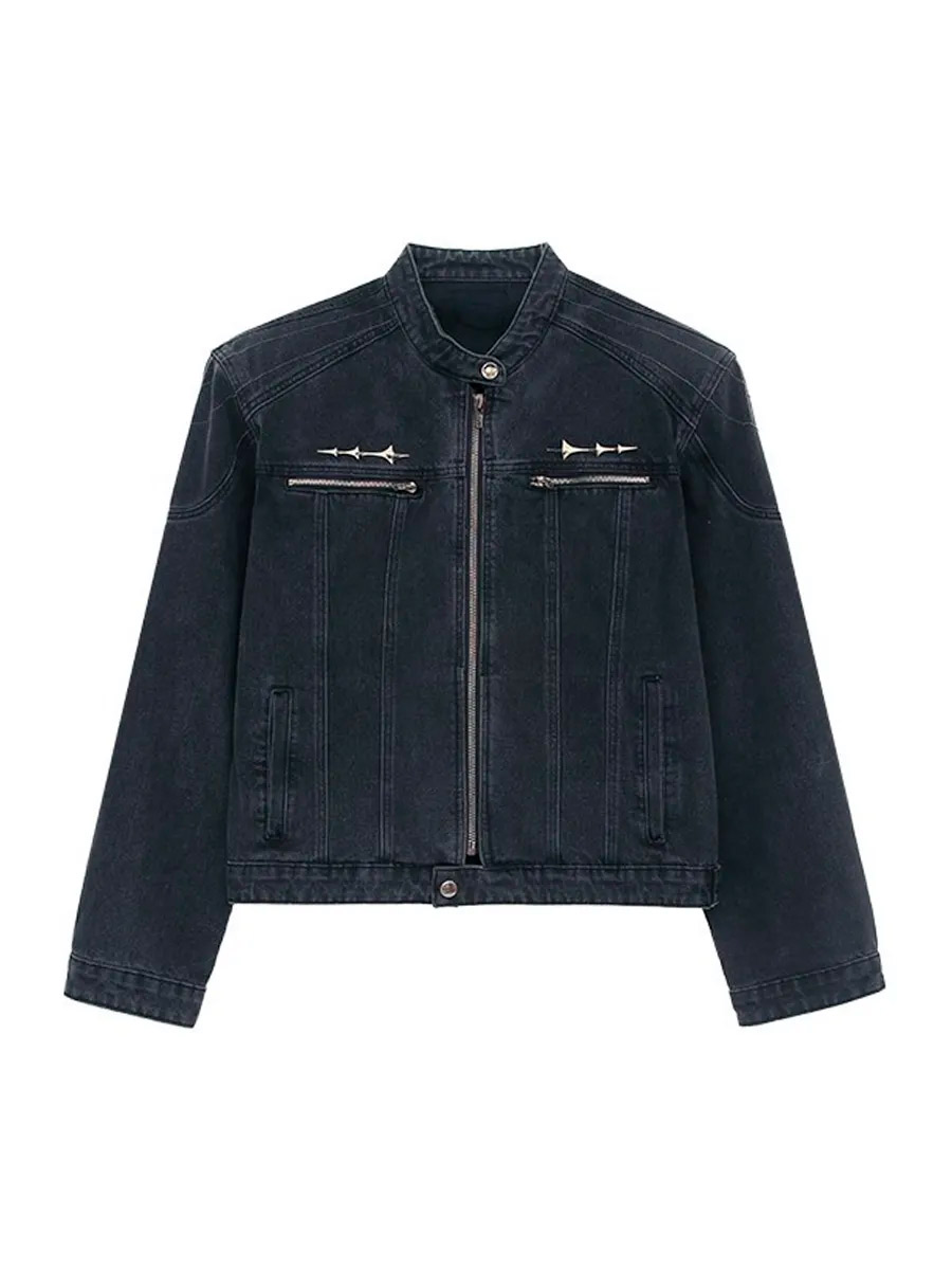 Куртка Джинсовая на Молнии с Фурнитурой Черная - фото 1 - rockbunker.ru