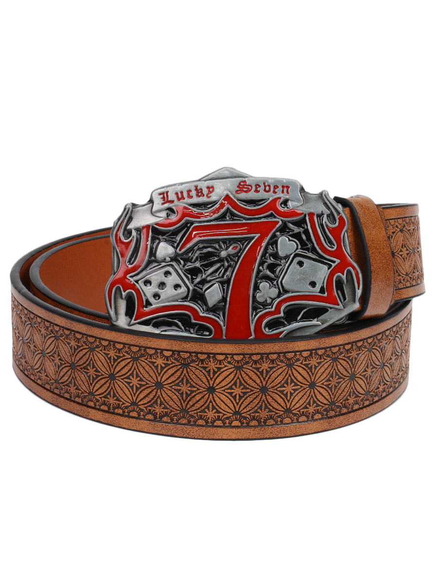 Ремень из экокожи с пряжкой Lucky Seven коричневый - фото 1 - rockbunker.ru